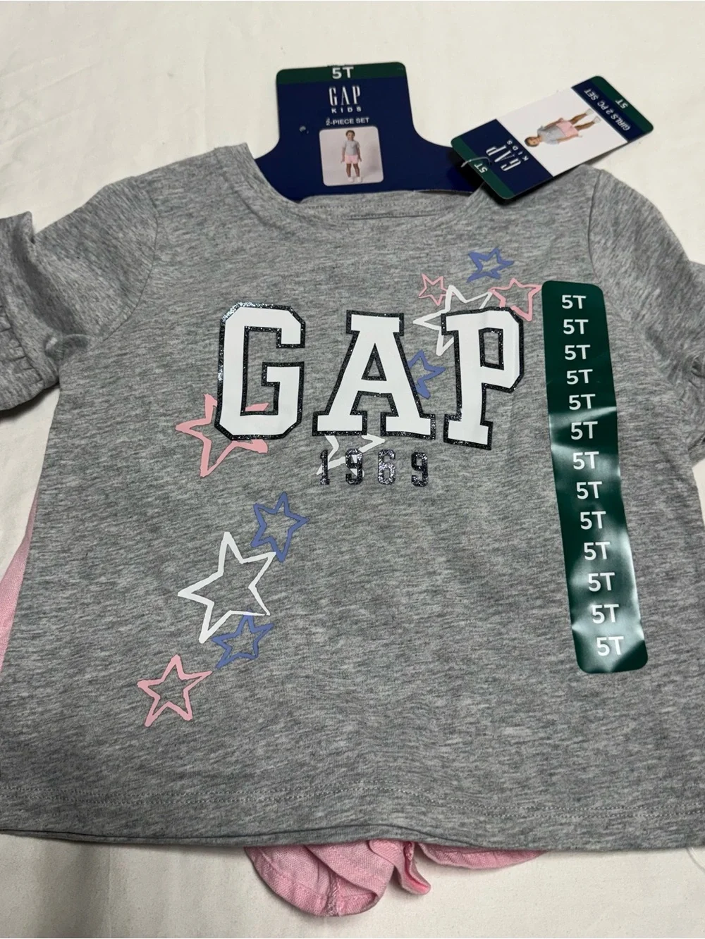GAP Kids Heather Gray Tee with Pink & Blue Star Accents
